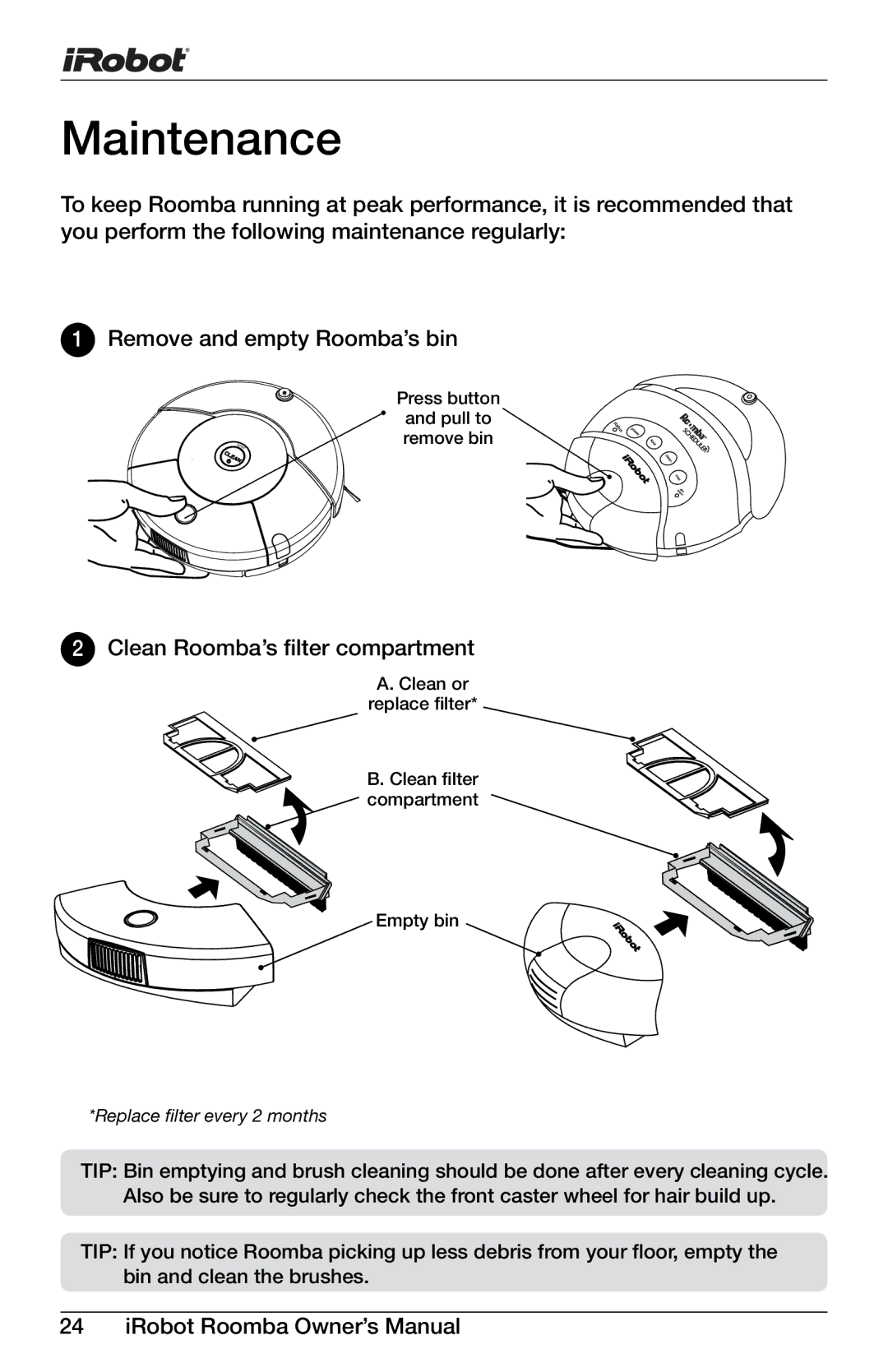 iRobot 400, 4150 owner manual Maintenance, Clean Roomba’s filter compartment 