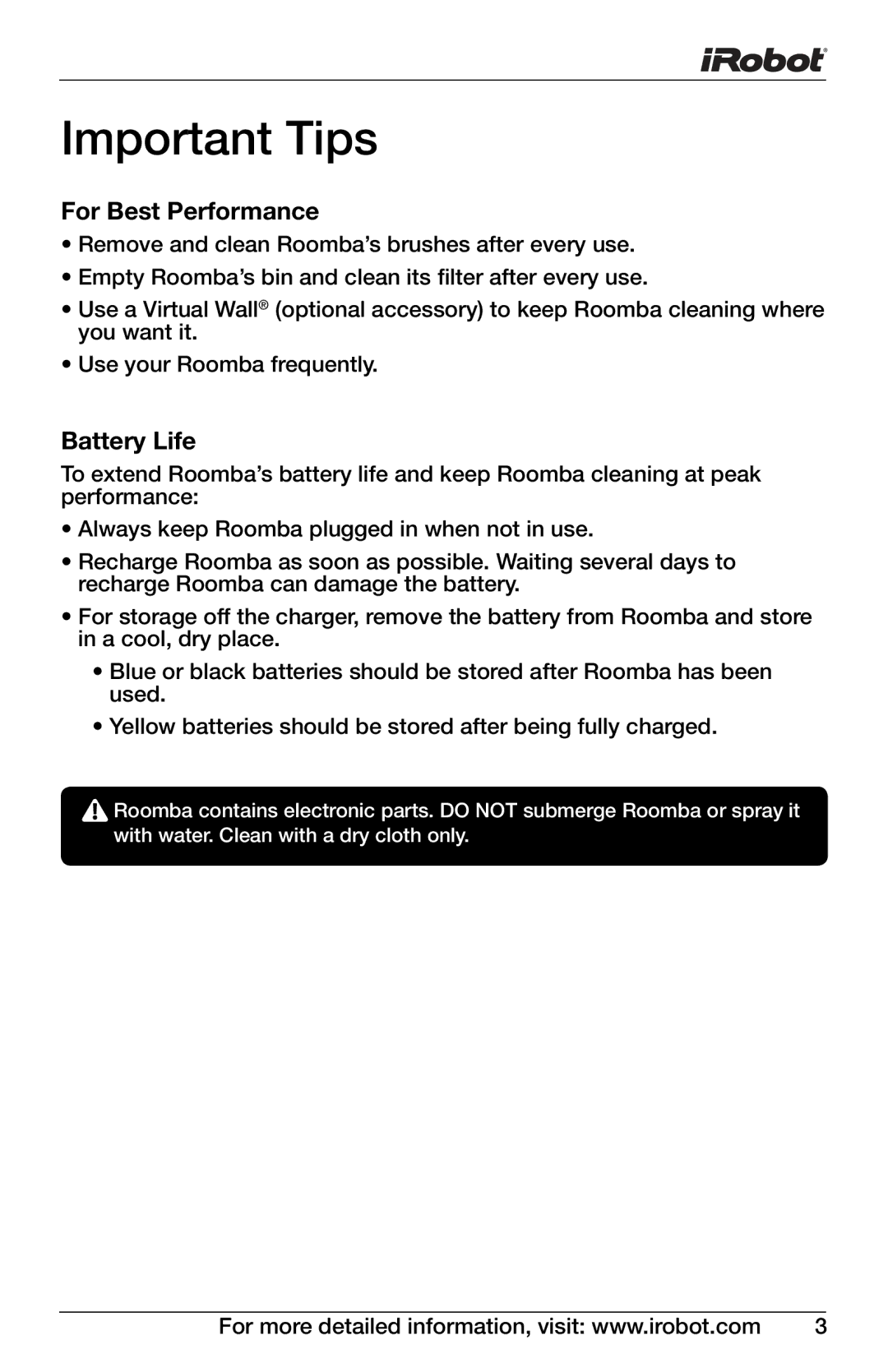 iRobot 4150, 400 owner manual Important Tips, For Best Performance, Battery Life 