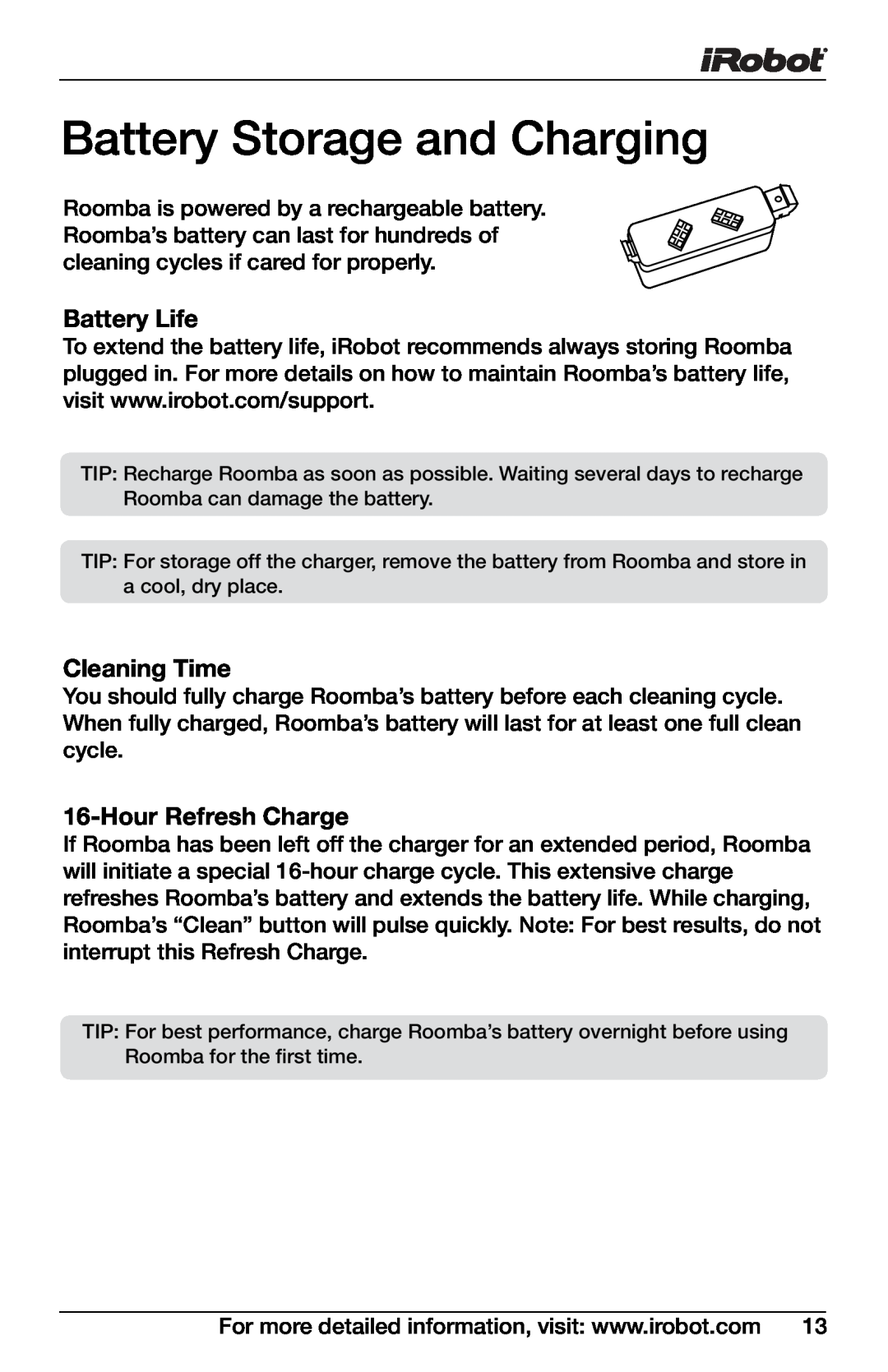 iRobot 4150, 400 owner manual Battery Storage and Charging, Battery Life, Cleaning Time, HourRefresh Charge 