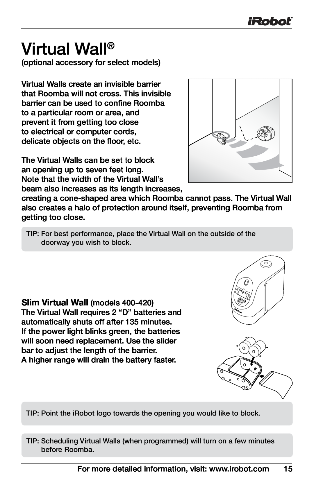 iRobot 4150, 400 owner manual Slim Virtual Wall models 