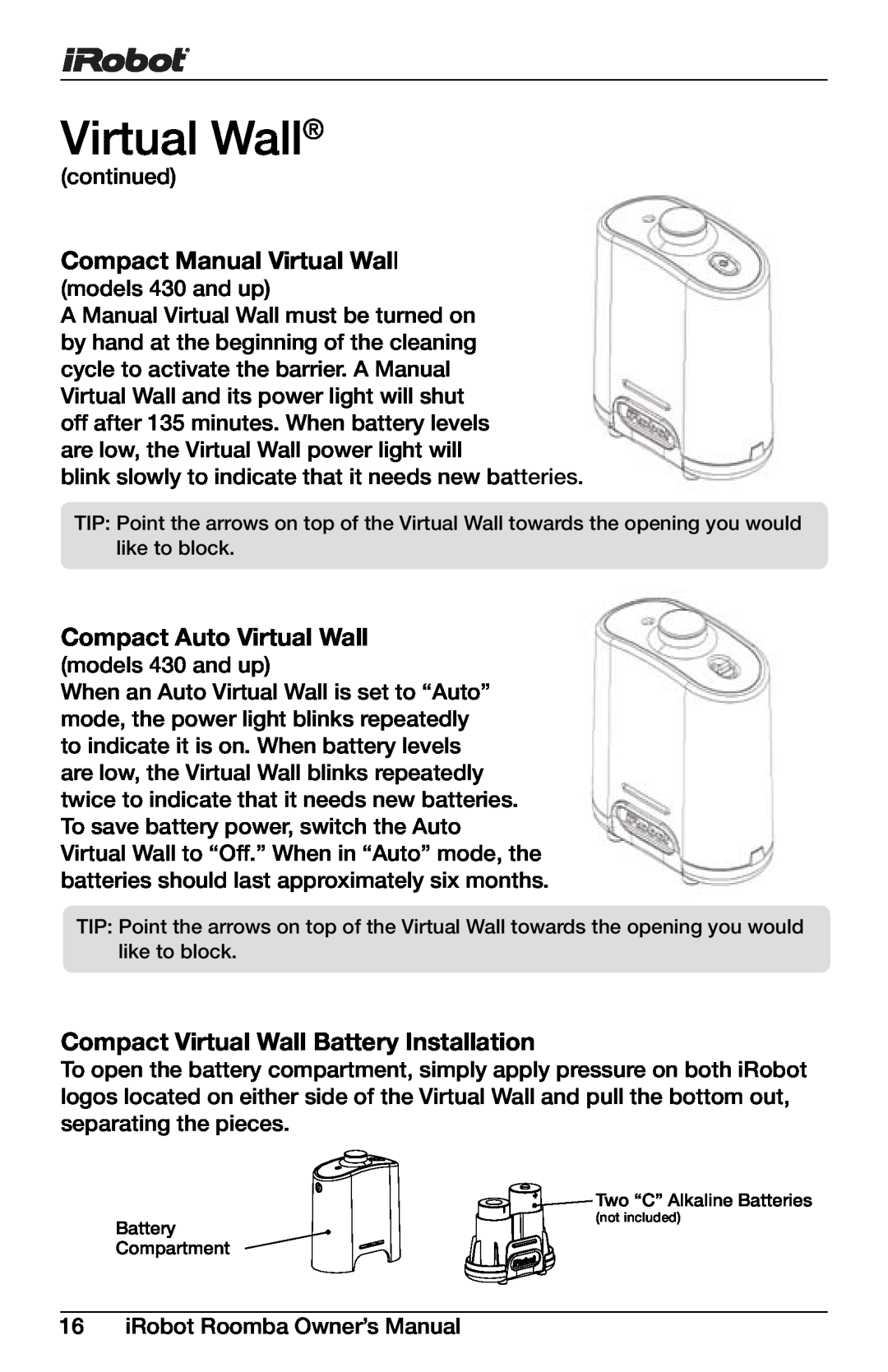 iRobot 400, 4150 Compact Manual Virtual Wall, Compact Auto Virtual Wall, Compact Virtual Wall Battery Installation 