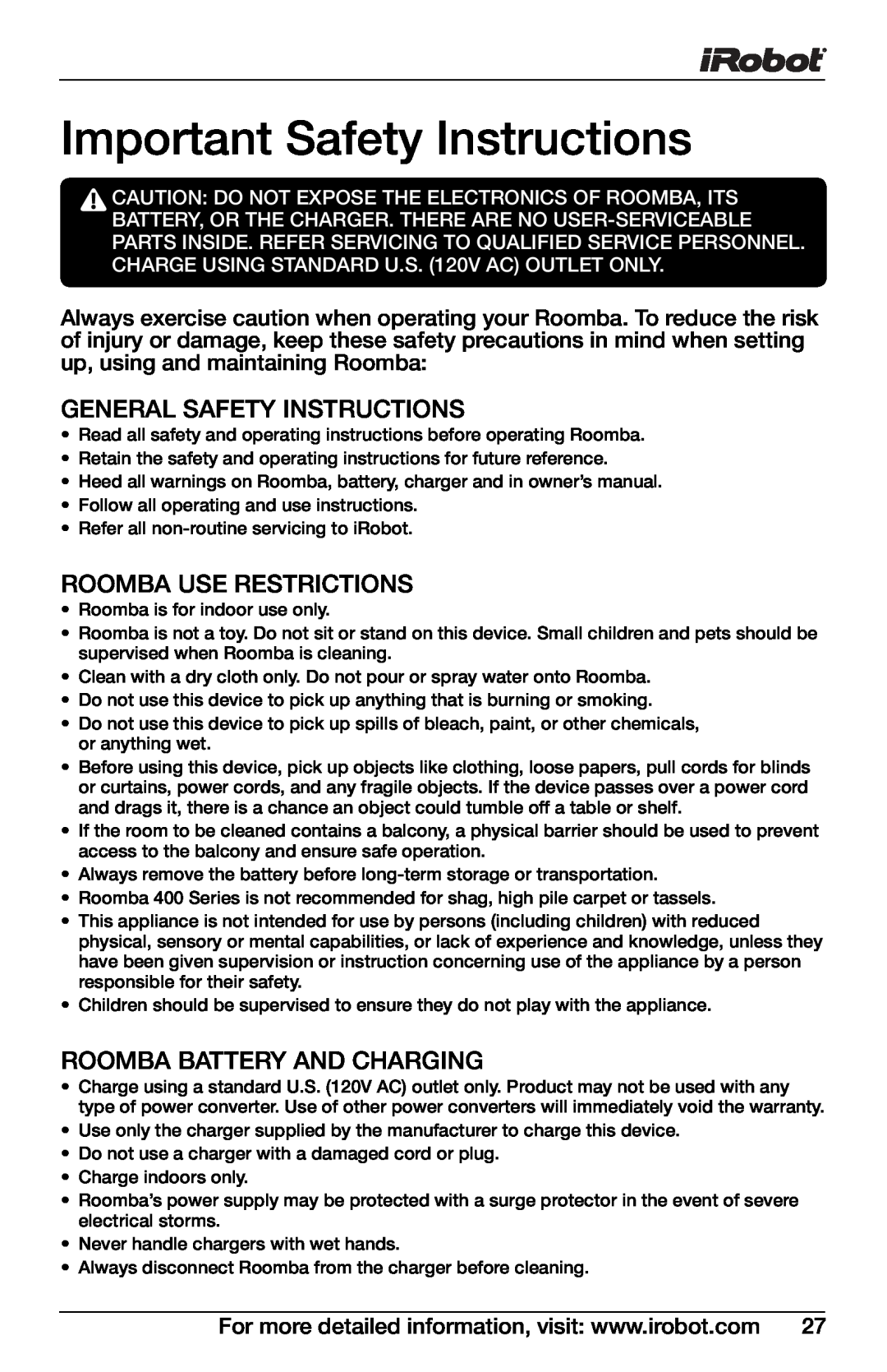 iRobot 4150, 400 owner manual Important Safety Instructions, General Safety Instructions, Roomba Use Restrictions 