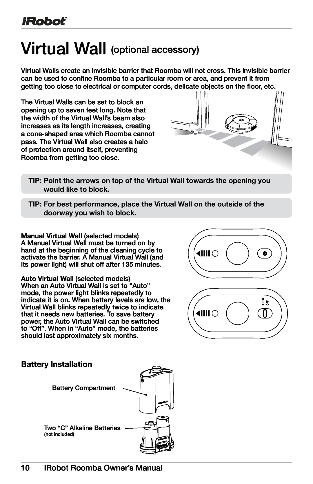 iRobot 400 Series, 430 manual Virtual Wall optional accessory, Battery Installation 