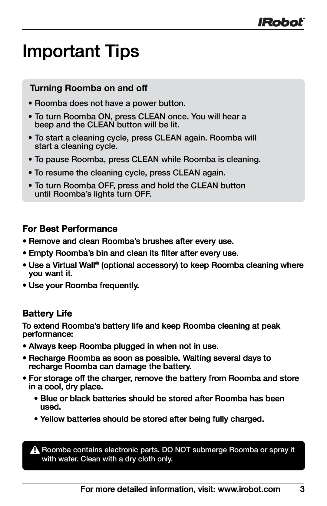 iRobot 430, 400 Series manual Important Tips, Turning Roomba on and off, For Best Performance, Battery Life 