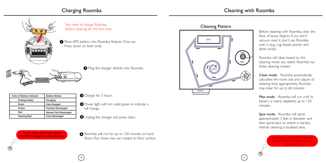 iRobot 4105 manual Charging Roomba Cleaning with Roomba, Cleaning Pattern 