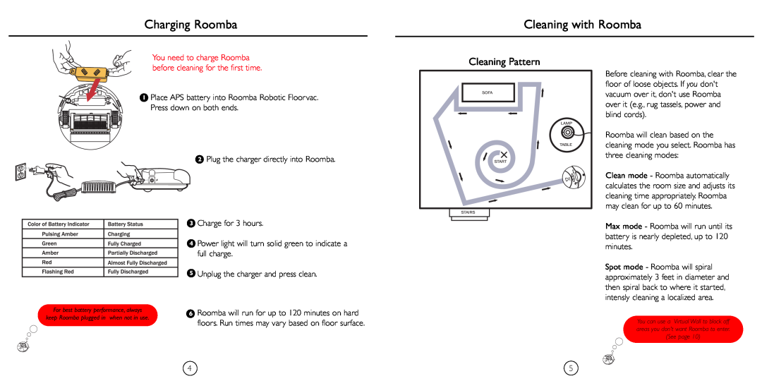 iRobot 4105 manual Charging Roomba, Cleaning with Roomba, Cleaning Pattern 