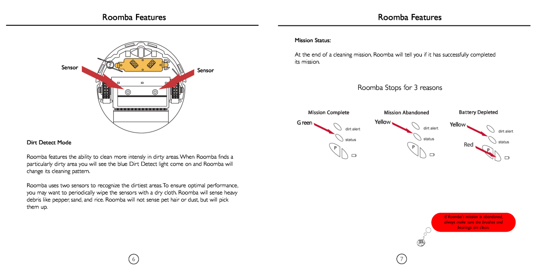 iRobot 4105 manual Roomba Features, Roomba Stops for 3 reasons 