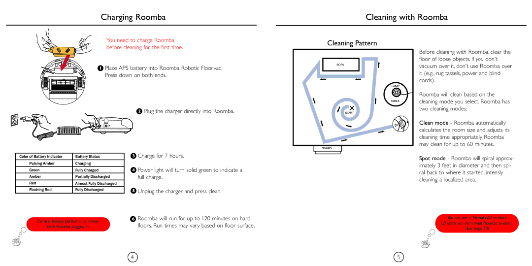 iRobot 4110 manual Charging Roomba Cleaning with Roomba, Cleaning Pattern 