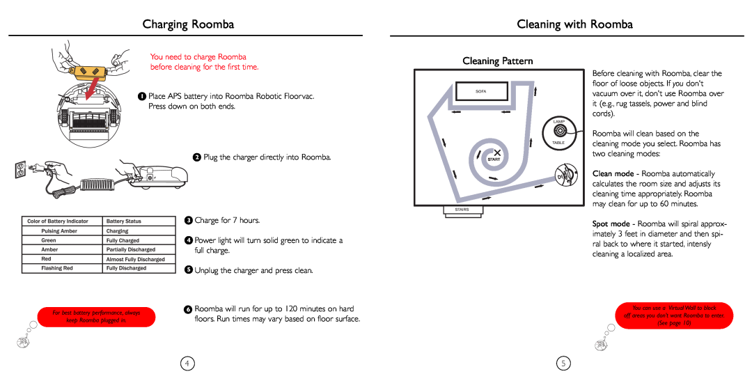 iRobot 4110 manual Charging Roomba, Cleaning with Roomba, Cleaning Pattern 