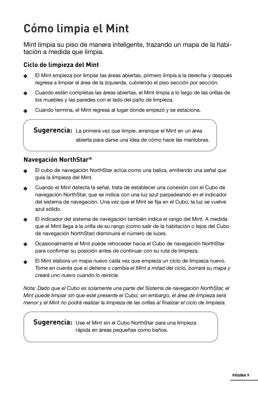 iRobot 4200 manual Cómo limpia el Mint, Ciclo de limpieza del Mint, Navegación NorthStar 