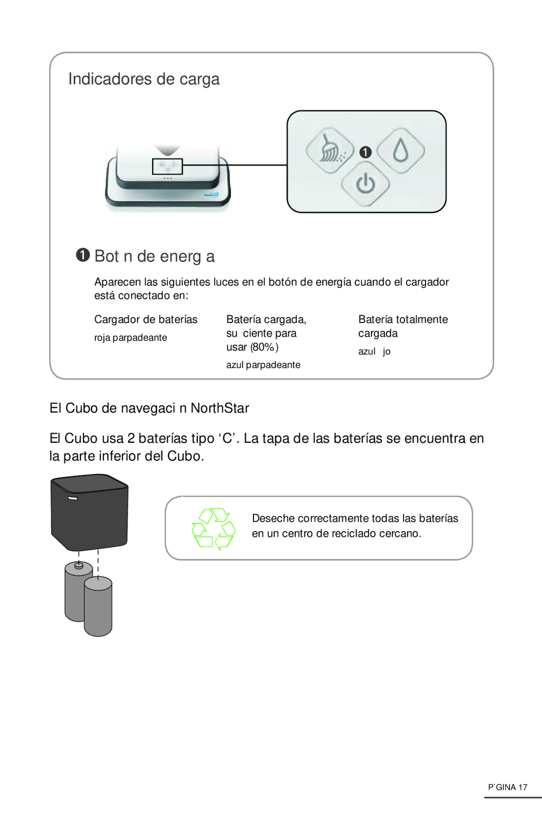 iRobot 4200 manual Indicadores de carga Botón de energía, El Cubo de navegación NorthStar 