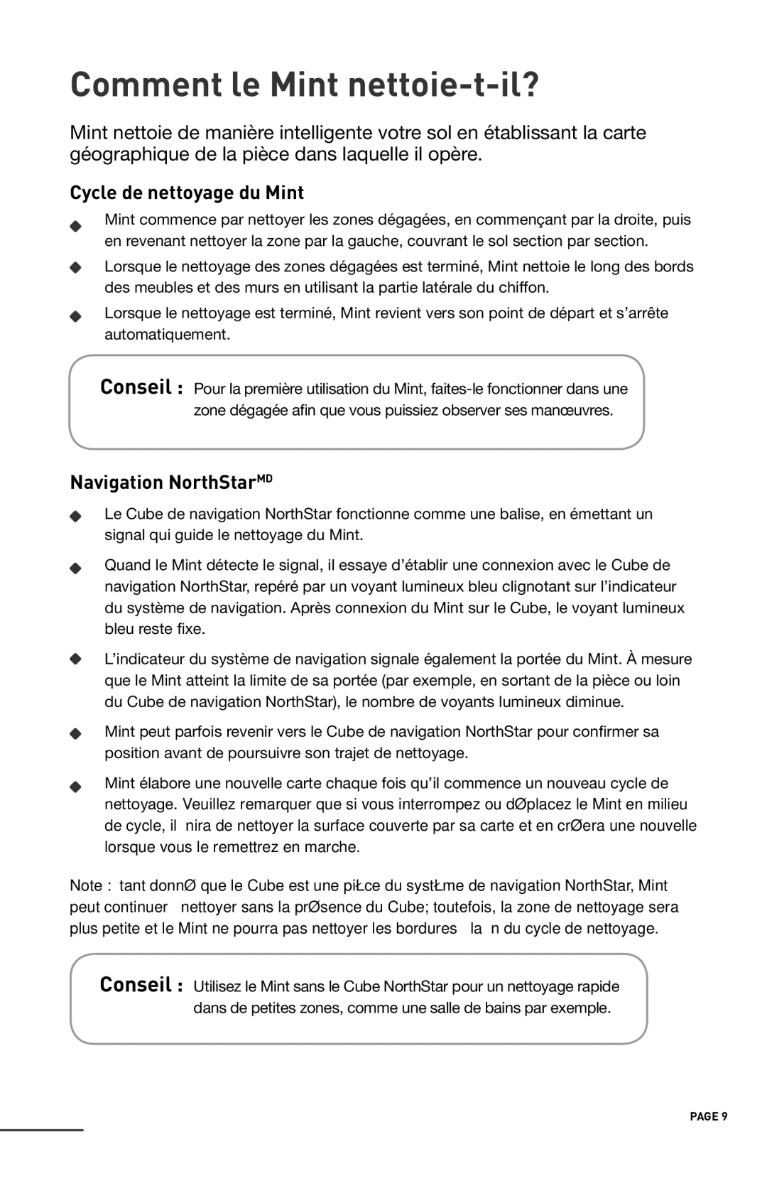 iRobot 4200 manual Comment le Mint nettoie-t-il?, Cycle de nettoyage du Mint, Navigation NorthStarMD 