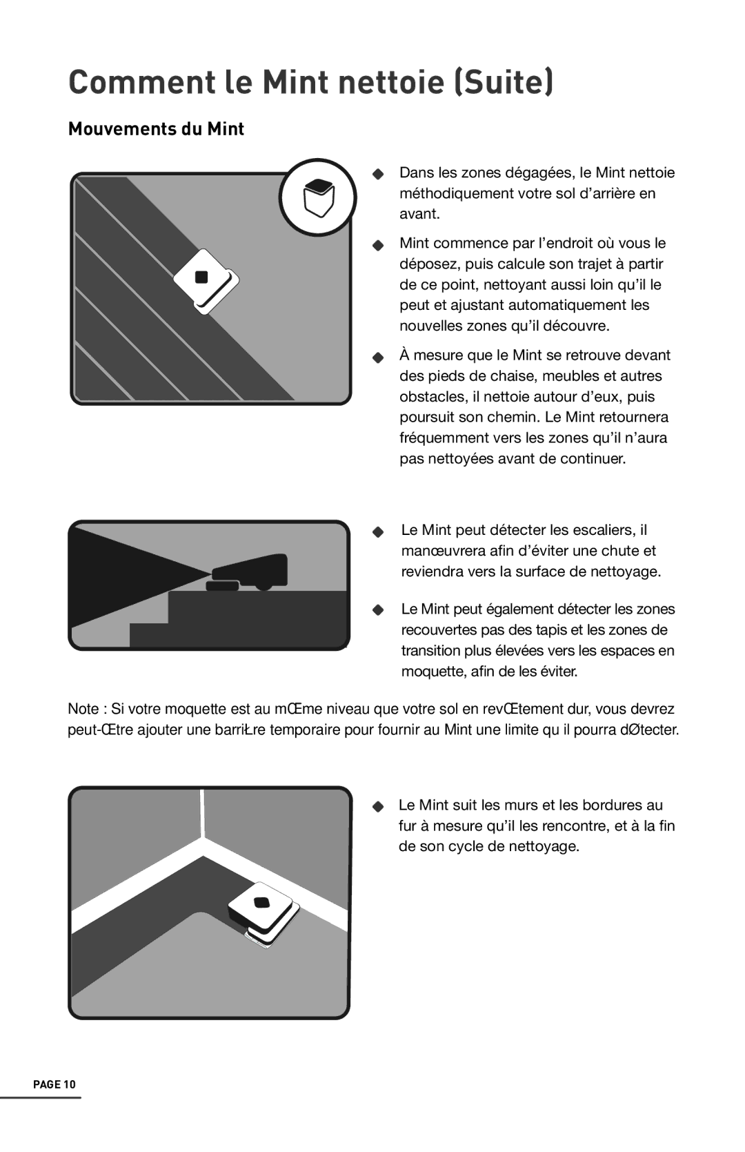 iRobot 4200 manual Comment le Mint nettoie Suite, Mouvements du Mint 