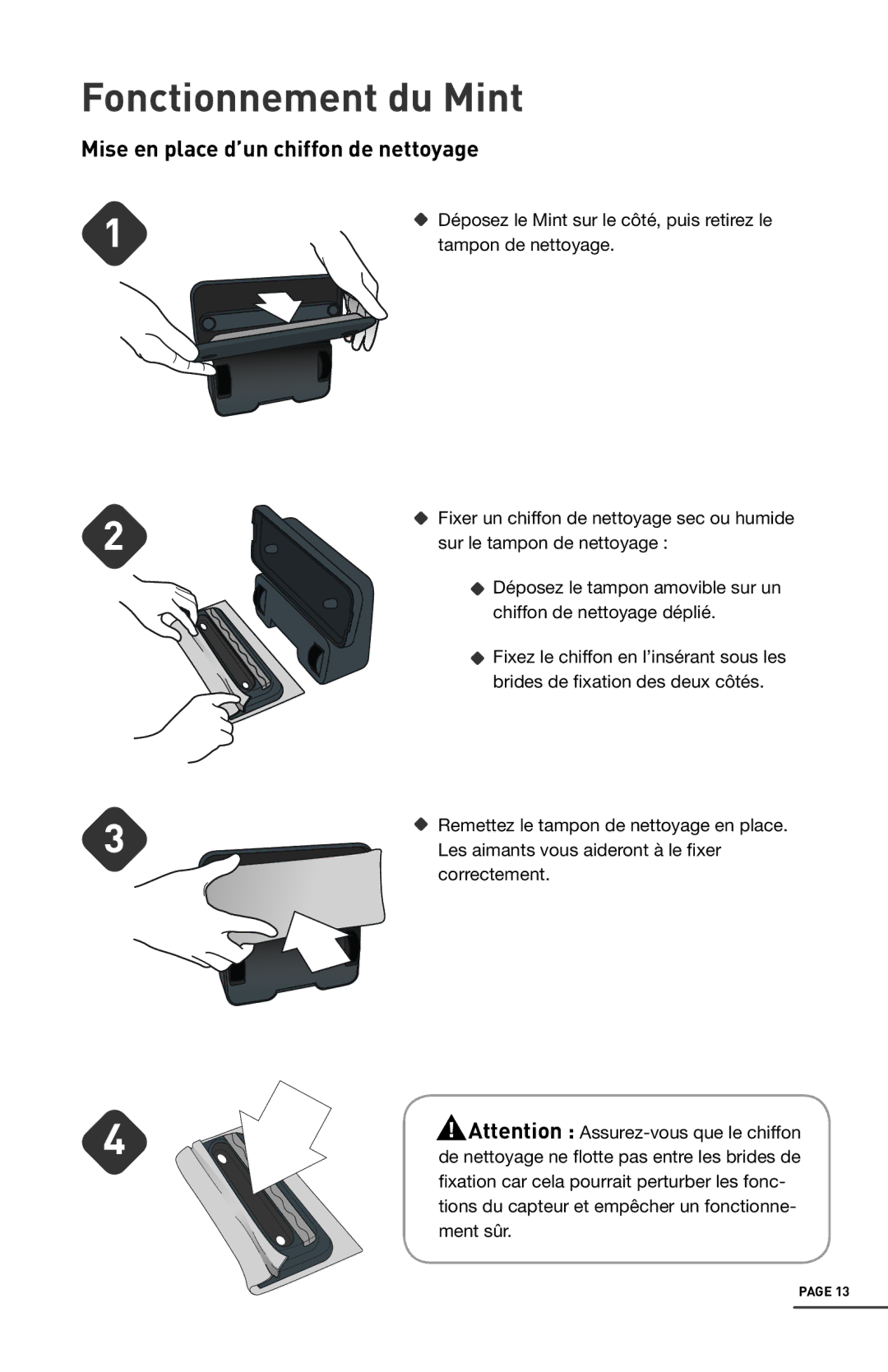 iRobot 4200 manual Fonctionnement du Mint, Mise en place d’un chiffon de nettoyage 