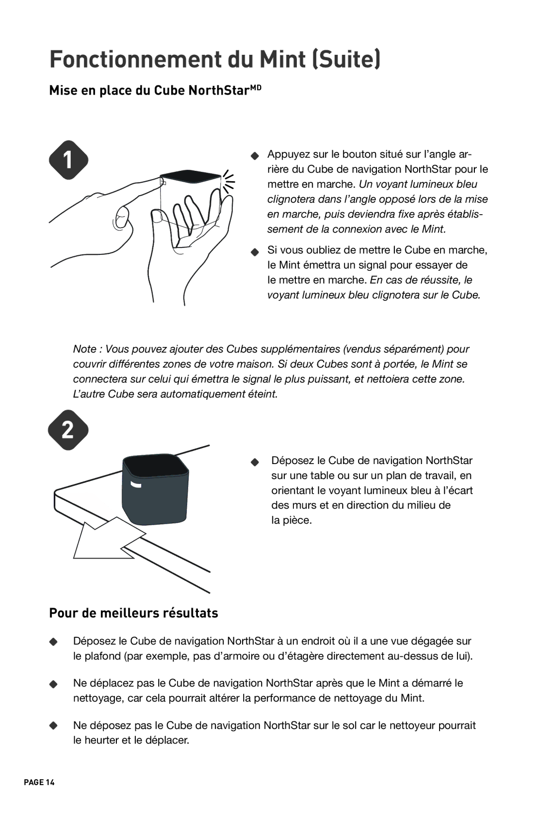 iRobot 4200 manual Fonctionnement du Mint Suite, Mise en place du Cube NorthStarMD, Pour de meilleurs résultats 