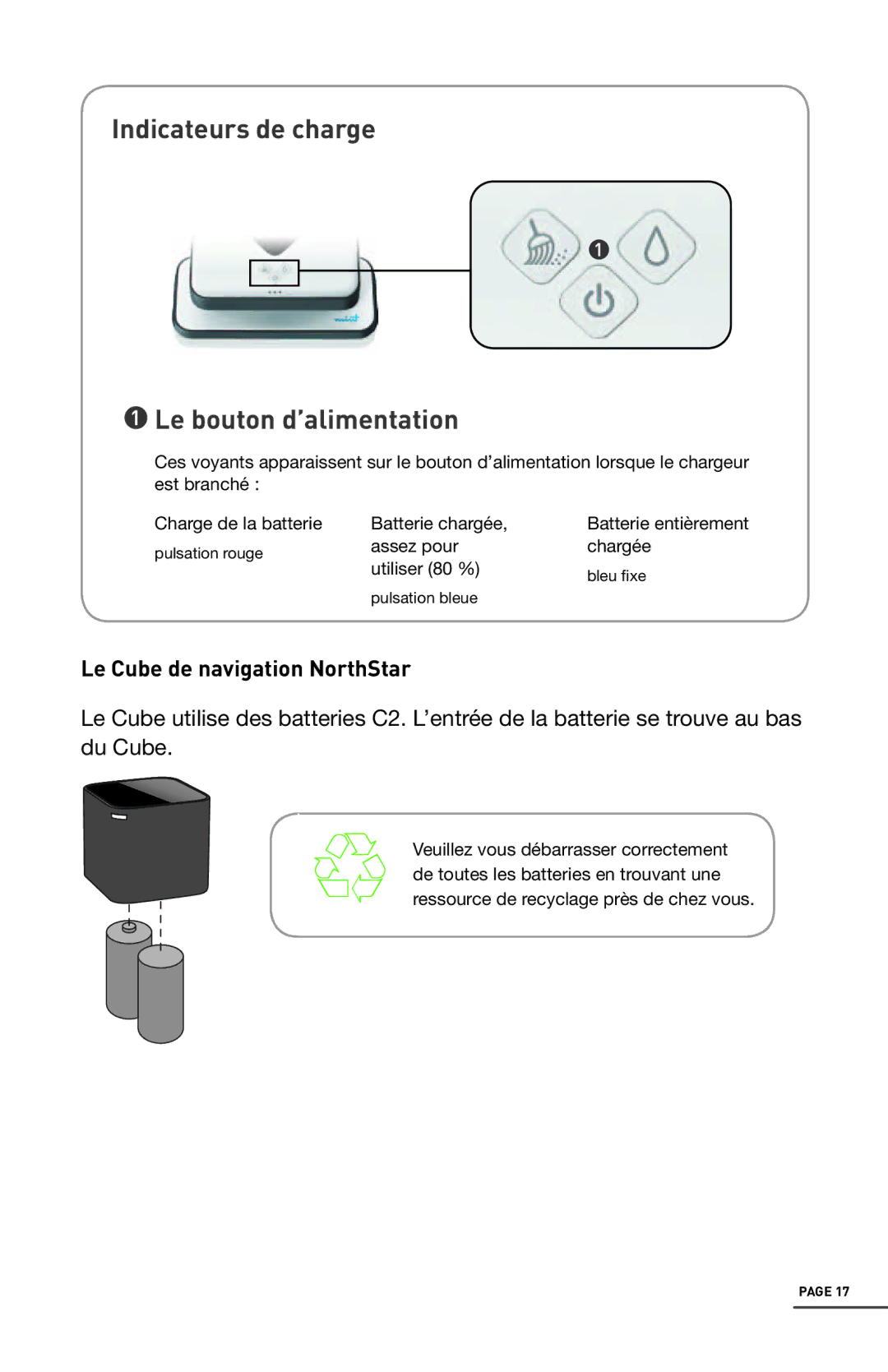 iRobot 4200 manual Indicateurs de charge Le bouton d’alimentation, Le Cube de navigation NorthStar 