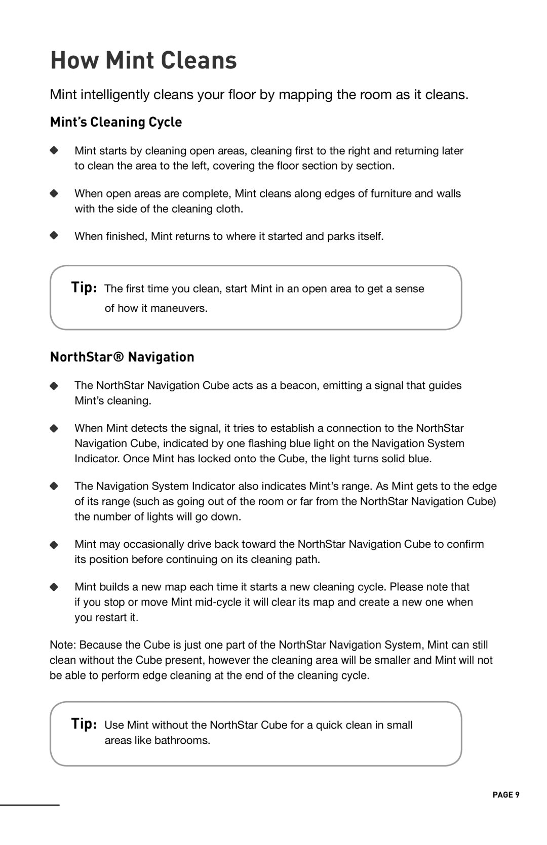 iRobot 4200 manual How Mint Cleans, Mint’s Cleaning Cycle, NorthStar Navigation 