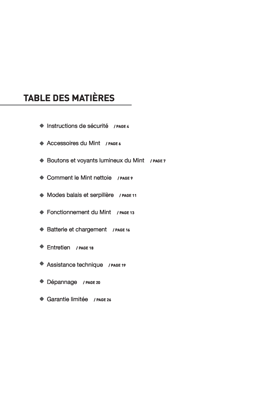 iRobot 4200 Table Des Matières, Instructions de sécurité / PAGE Accessoires du Mint / PAGE, Comment le Mint nettoie, Page 