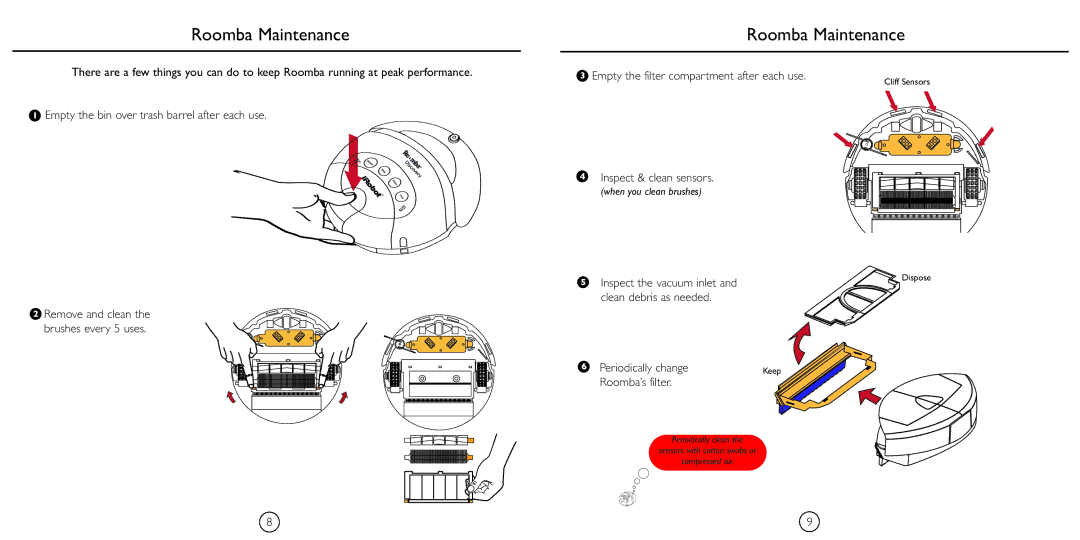 iRobot 4210 manual Roomba Maintenance, Empty the filter compartment after each use 