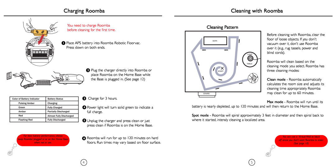 iRobot 4210 manual Charging Roomba, Cleaning with Roomba, Cleaning Pattern 