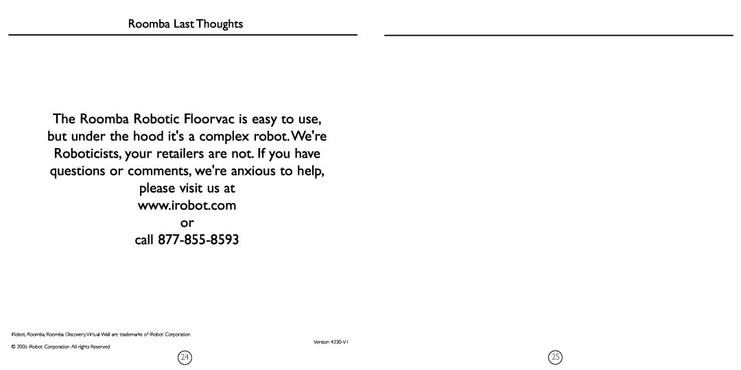 iRobot 4230 manual Roomba Last Thoughts, iRobot Corporation. All rights Reserved, Version 
