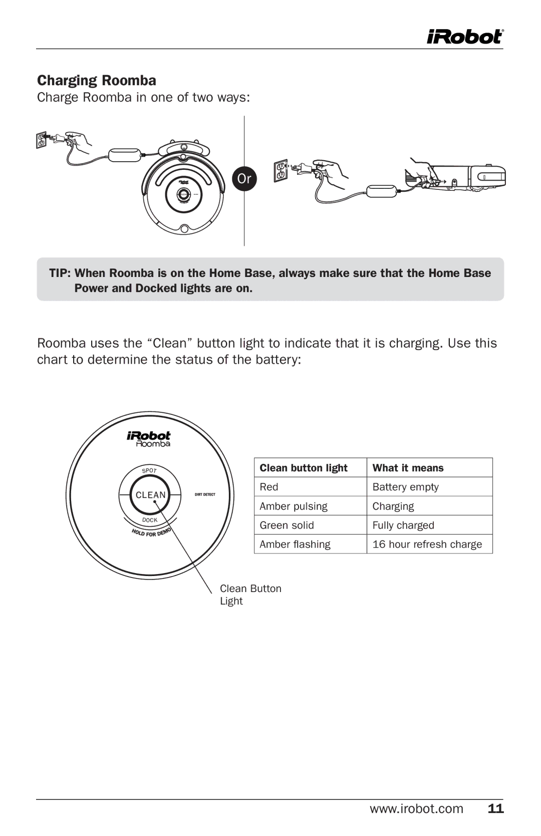 iRobot 500 Series manual Charging Roomba, Charge Roomba in one of two ways 