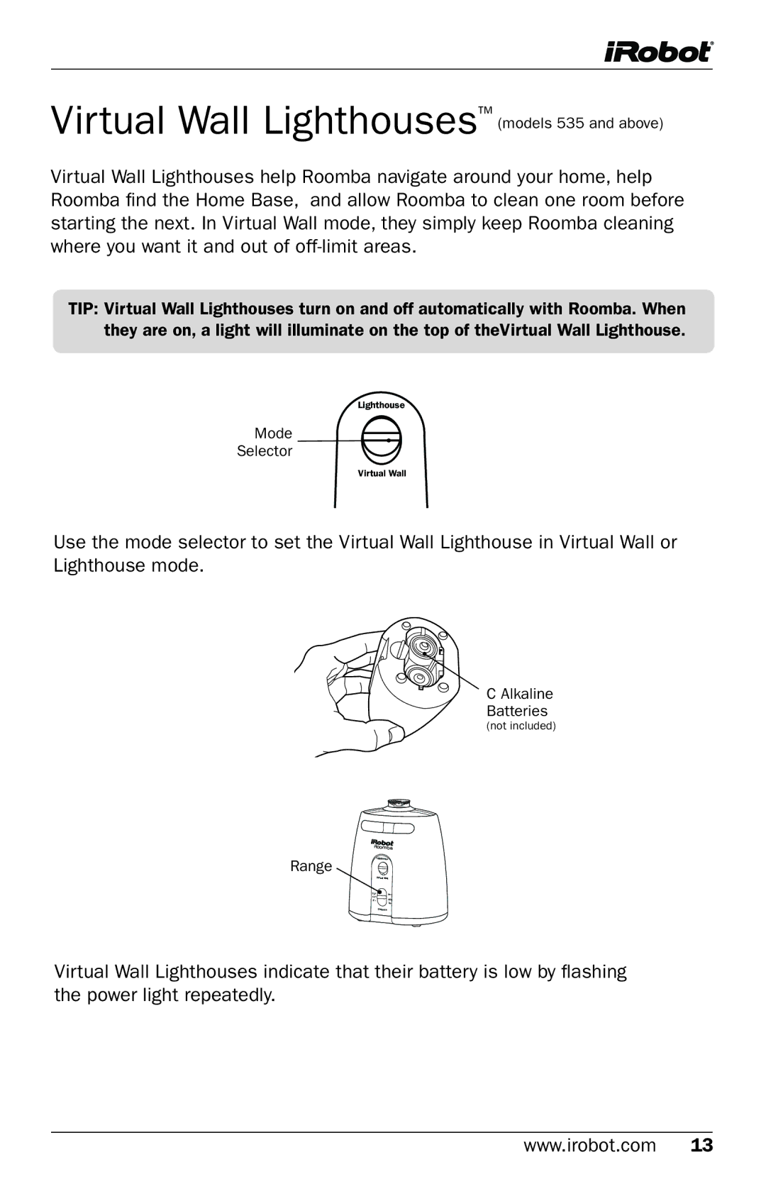 iRobot 500 Series manual Virtual Wall Lighthouses models 535 and above 