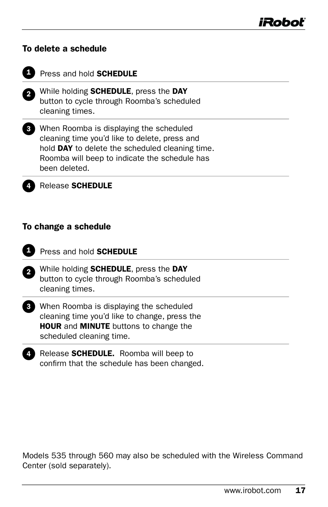 iRobot 500 Series manual To delete a schedule, To change a schedule 