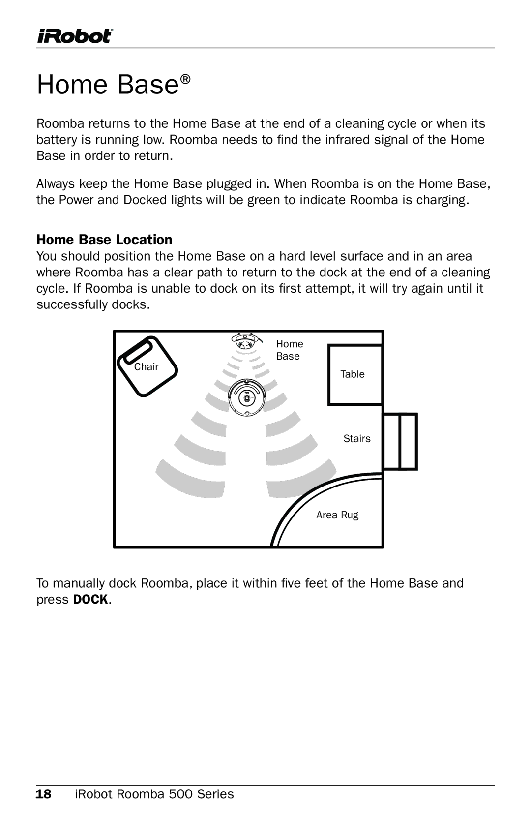 iRobot 500 Series manual Home Base Location 