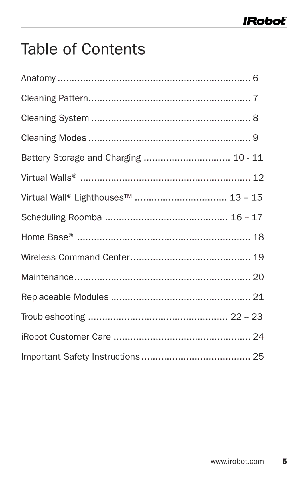 iRobot 500 Series manual Table of Contents 