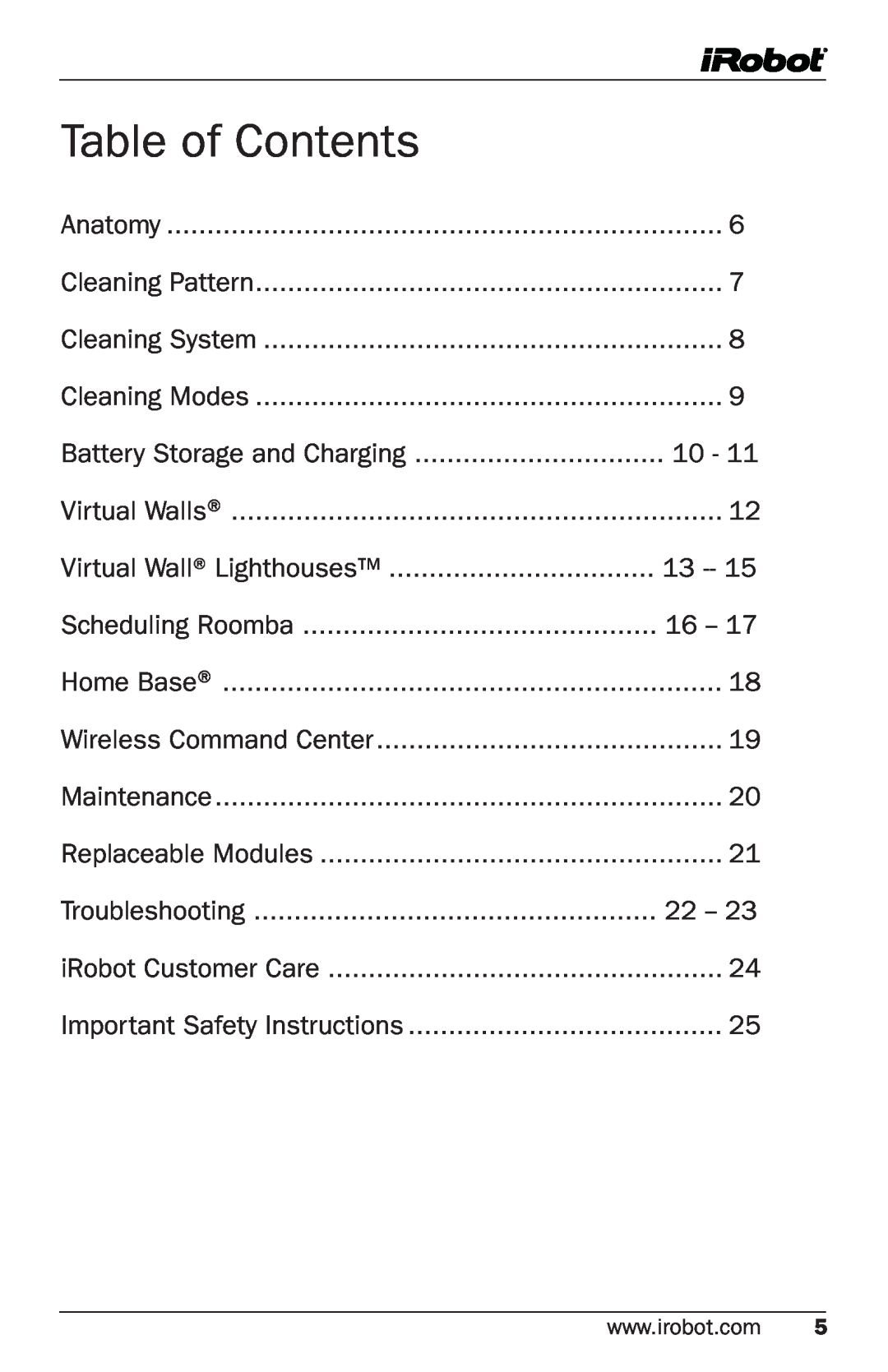 iRobot 500 Series manual Table of Contents 