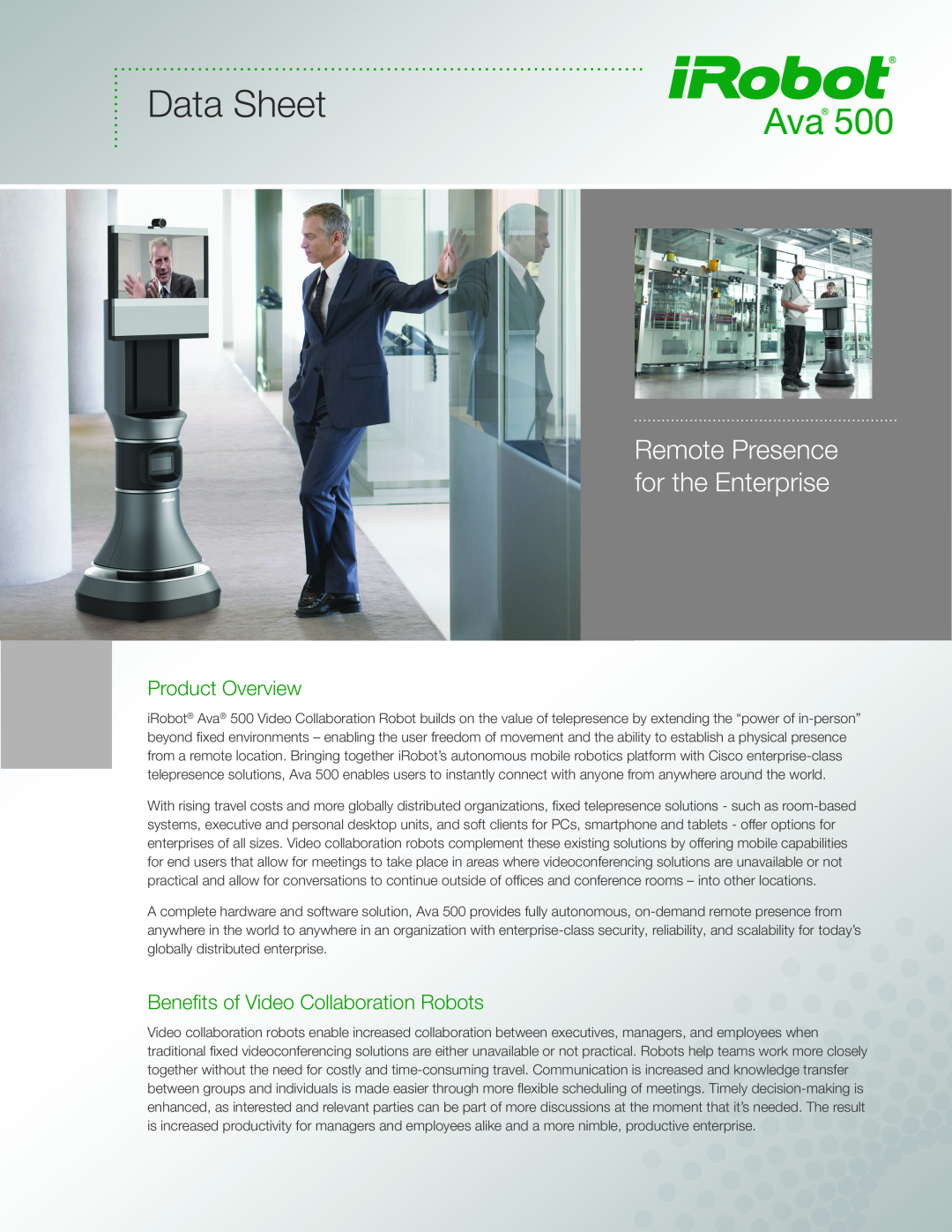 iRobot 500 manual Product Overview, Benefits of Video Collaboration Robots, Data Sheet, Remote Presence for the Enterprise 