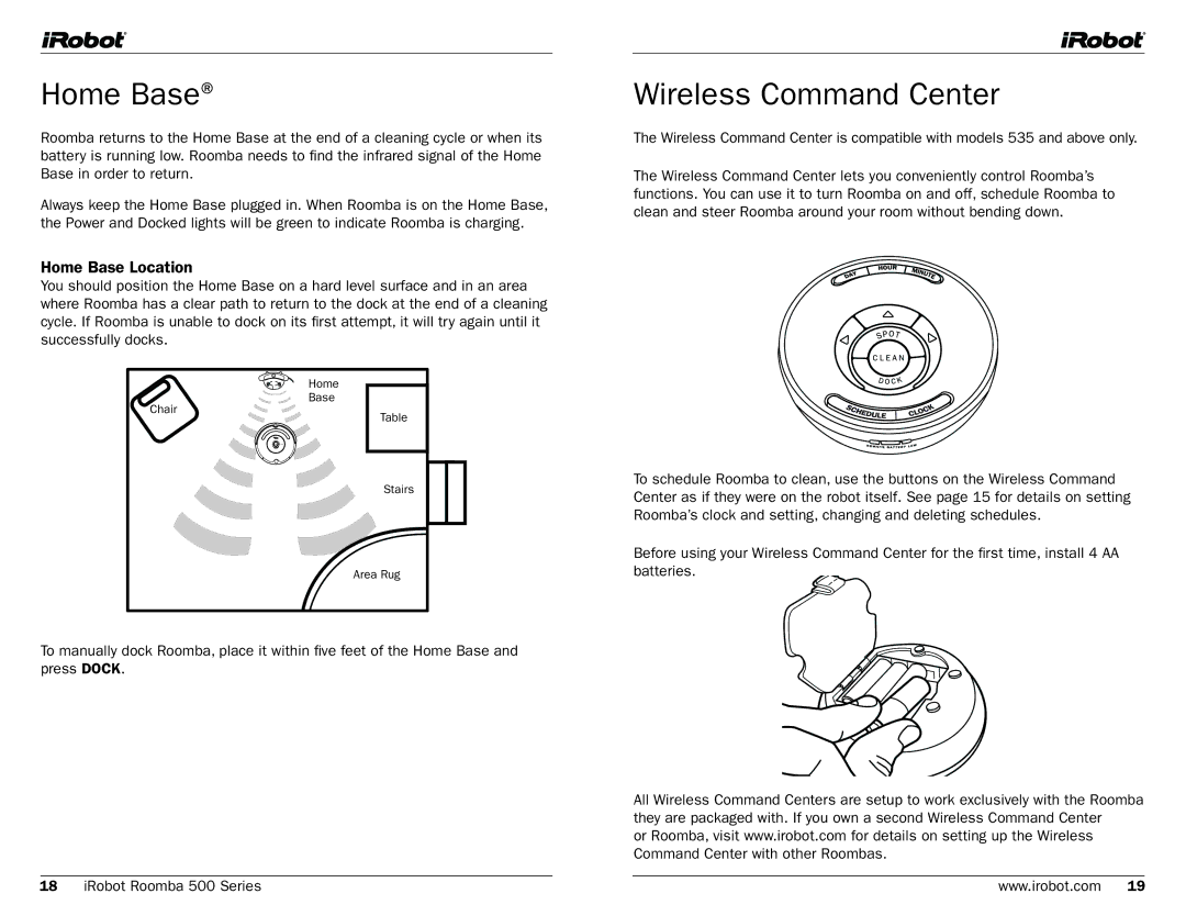 iRobot 530, 500 manual Wireless Command Center, Home Base Location, Home Base Chair Stairs Area Rug 