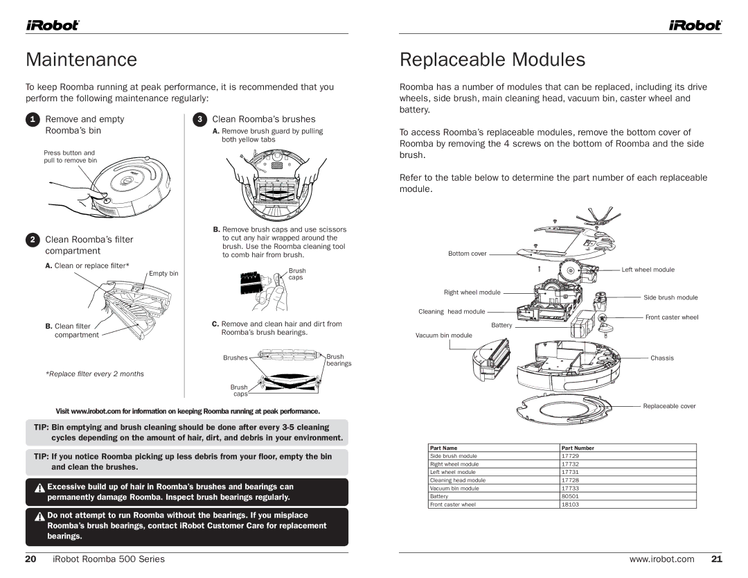 iRobot 500, 530 manual Maintenance, Replaceable Modules, Clean Roomba’s filter compartment, Clean Roomba’s brushes 