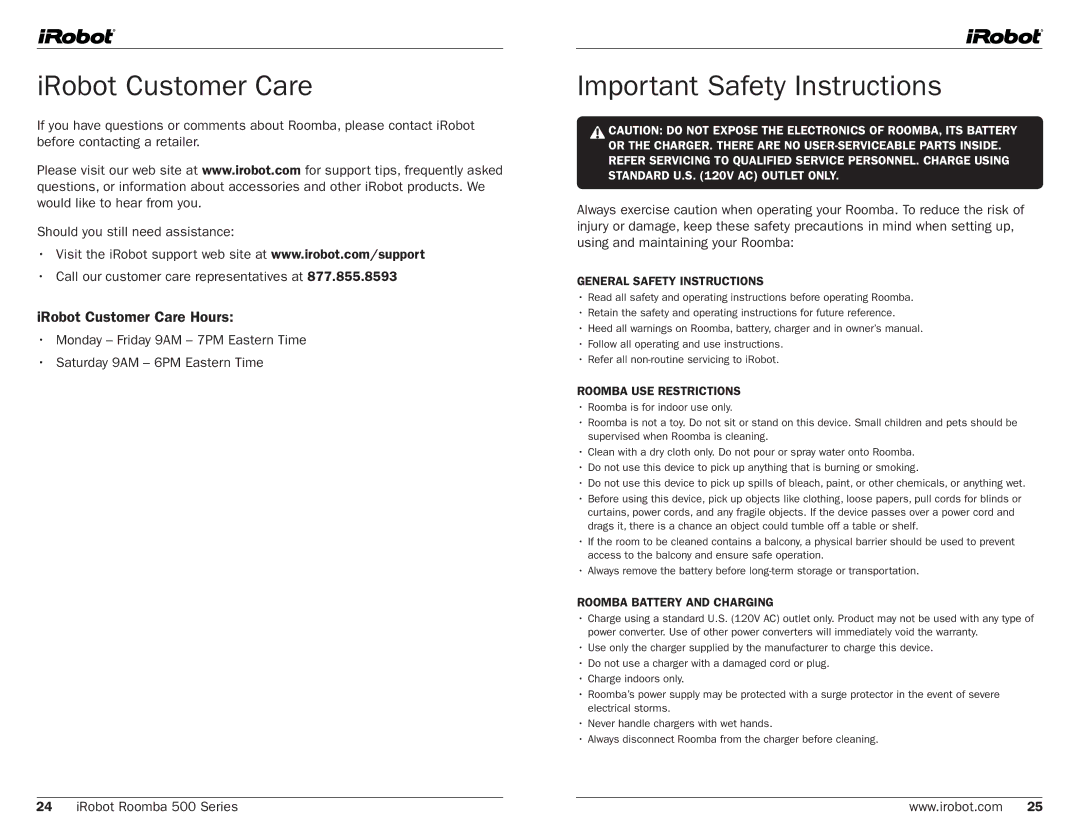 iRobot 500, 530 manual Important Safety Instructions, IRobot Customer Care Hours 