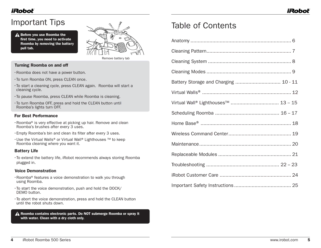 iRobot 500, 530 manual Important Tips, Table of Contents 