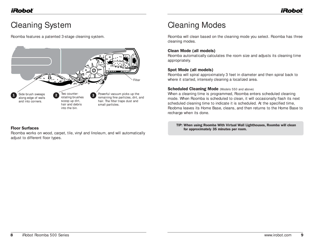 iRobot 500, 530 manual Cleaning System, Cleaning Modes 