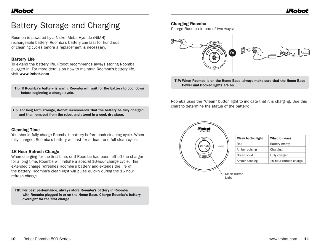 iRobot 530, 500 manual Battery Storage and Charging, Cleaning Time, Hour Refresh Charge, Charging Roomba 