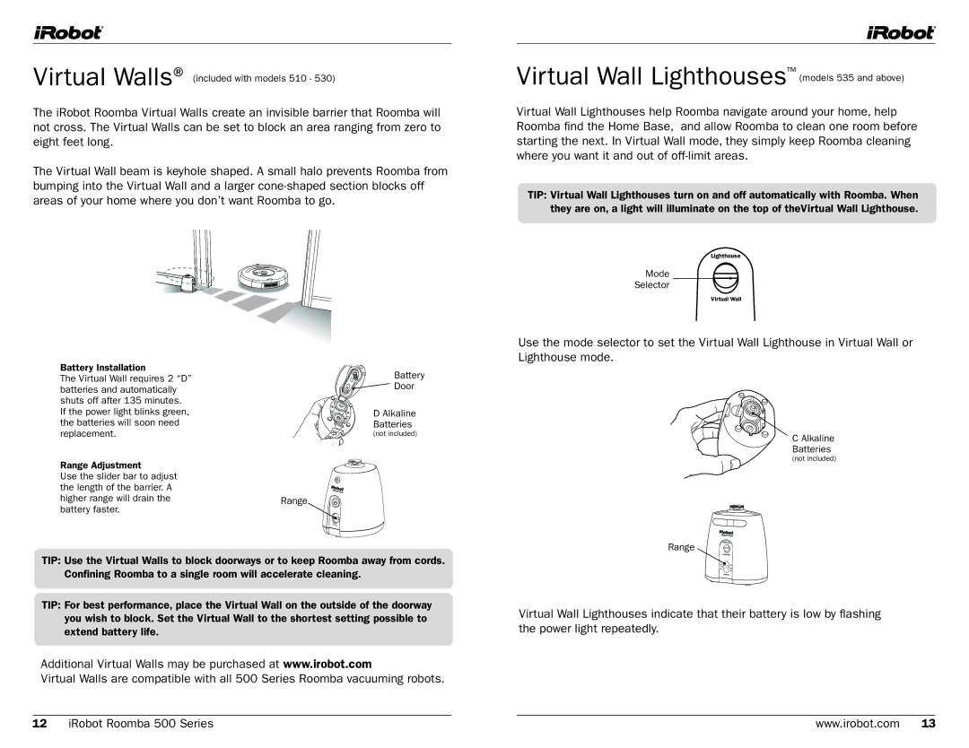 iRobot 500 Virtual Wall Lighthouses models 535 and above, Virtual Walls included with models 510, Mode Selector, Range 