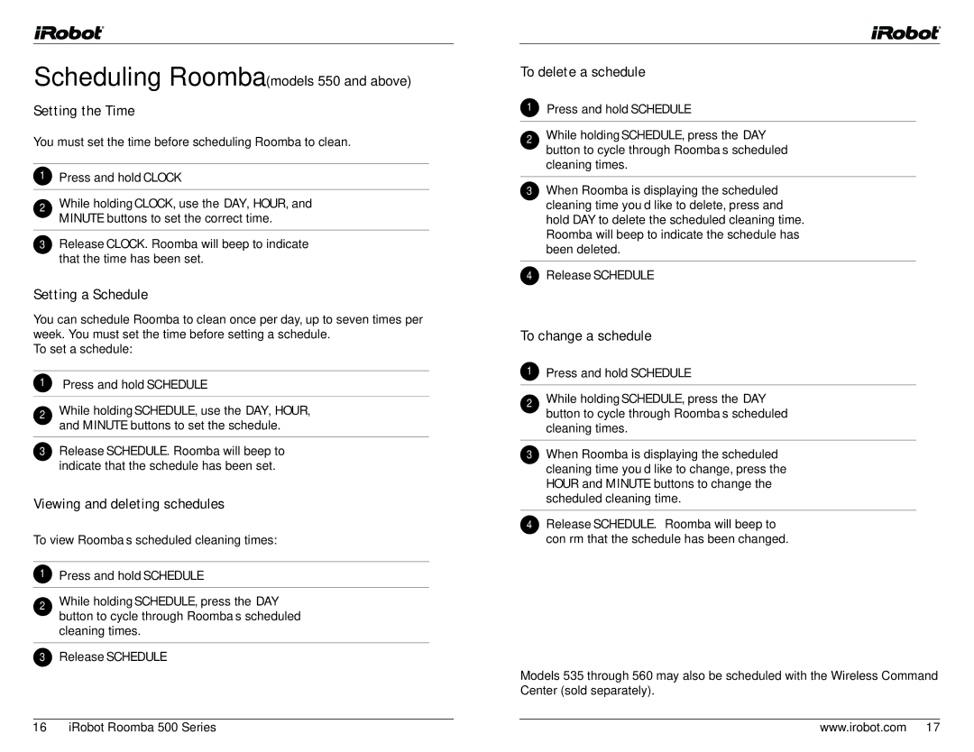 iRobot 500 Scheduling Roomba models 550 and above Setting the Time, Setting a Schedule, Viewing and deleting schedules 