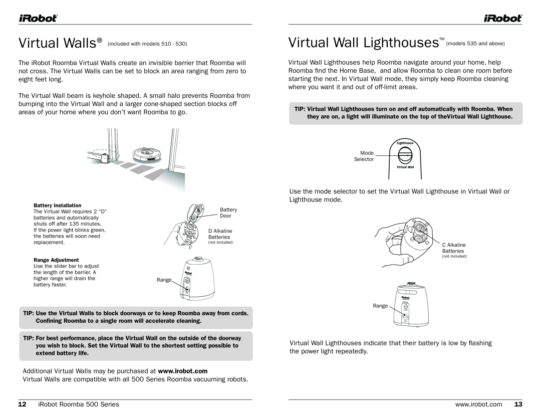iRobot 500, 530 manual Virtual Wall Lighthouses models 535 and above 