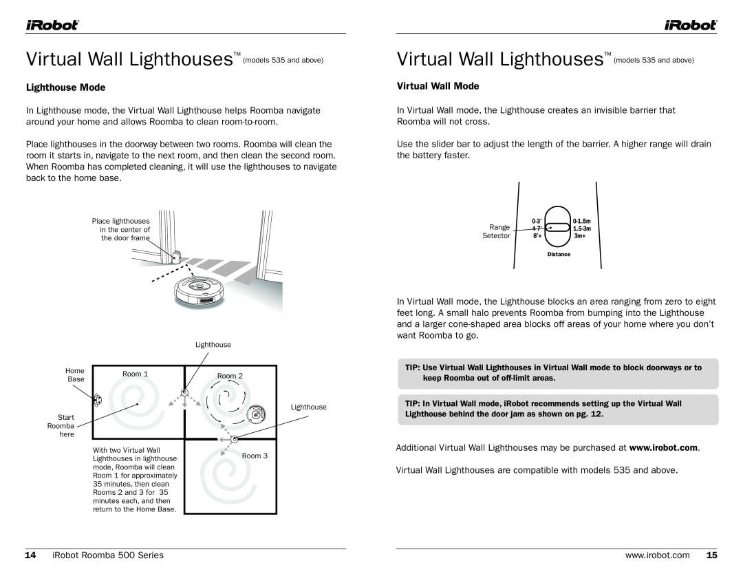 iRobot 530, 500 manual Virtual Wall Lighthouses models 535 and above, Lighthouse Mode, Virtual Wall Mode 