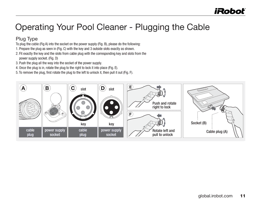 iRobot 530 owner manual Operating Your Pool Cleaner Plugging the Cable, Plug Type 