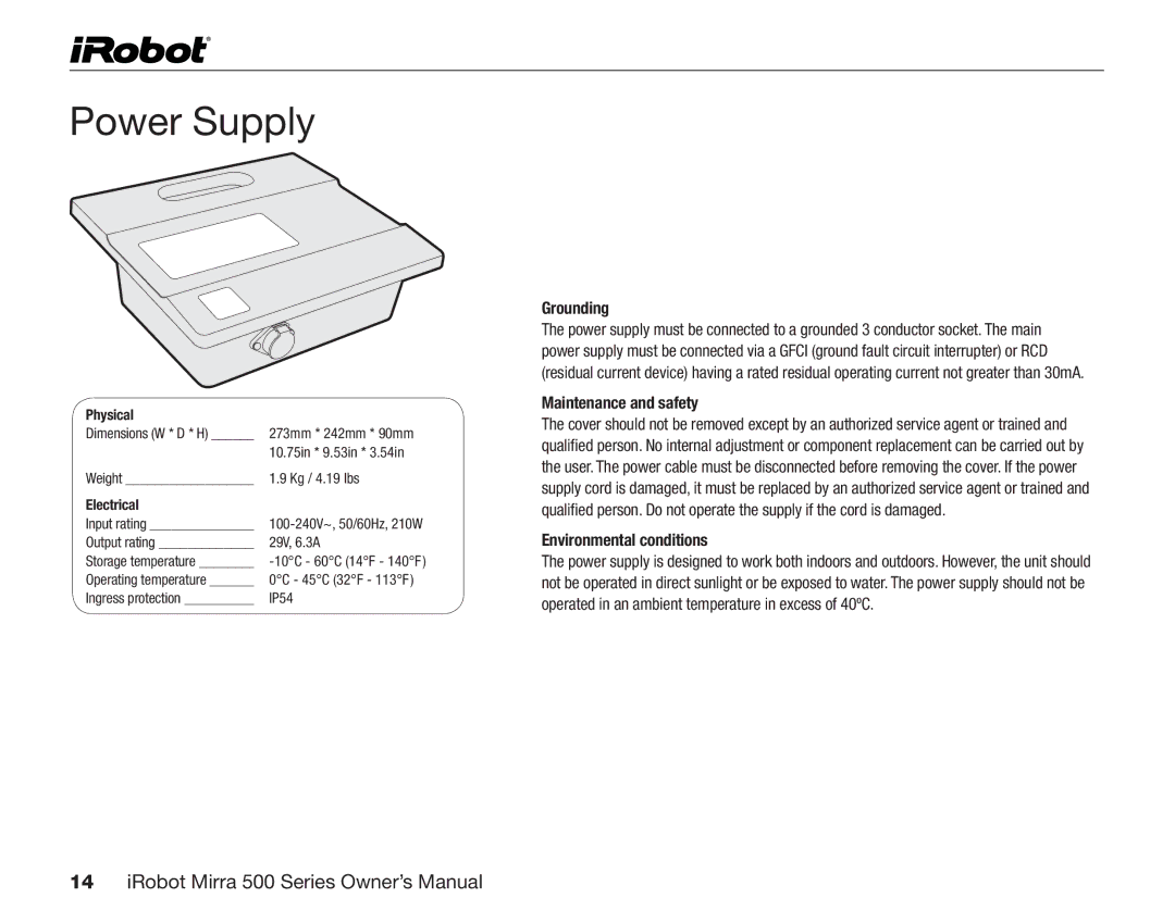 iRobot 530 owner manual Power Supply, Grounding, Maintenance and safety, Environmental conditions 