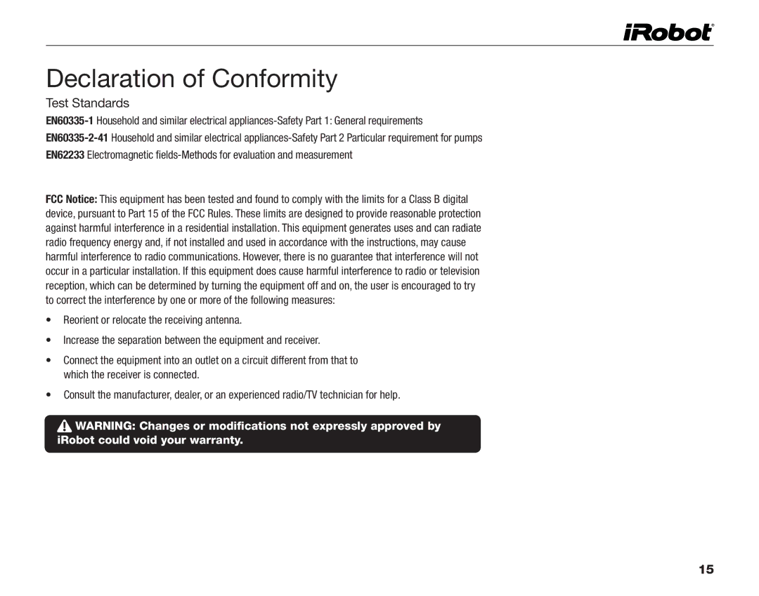 iRobot 530 owner manual Declaration of Conformity, Test Standards 