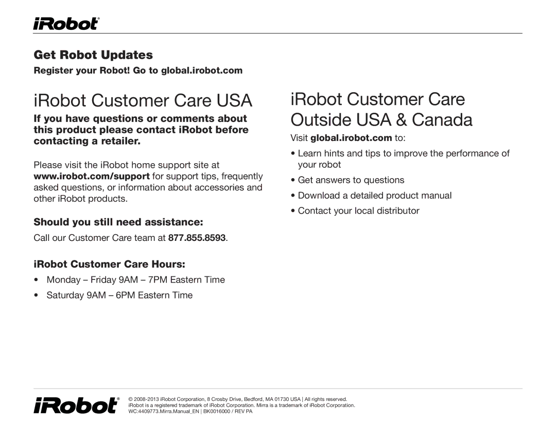 iRobot 530 owner manual IRobot Customer Care USA 