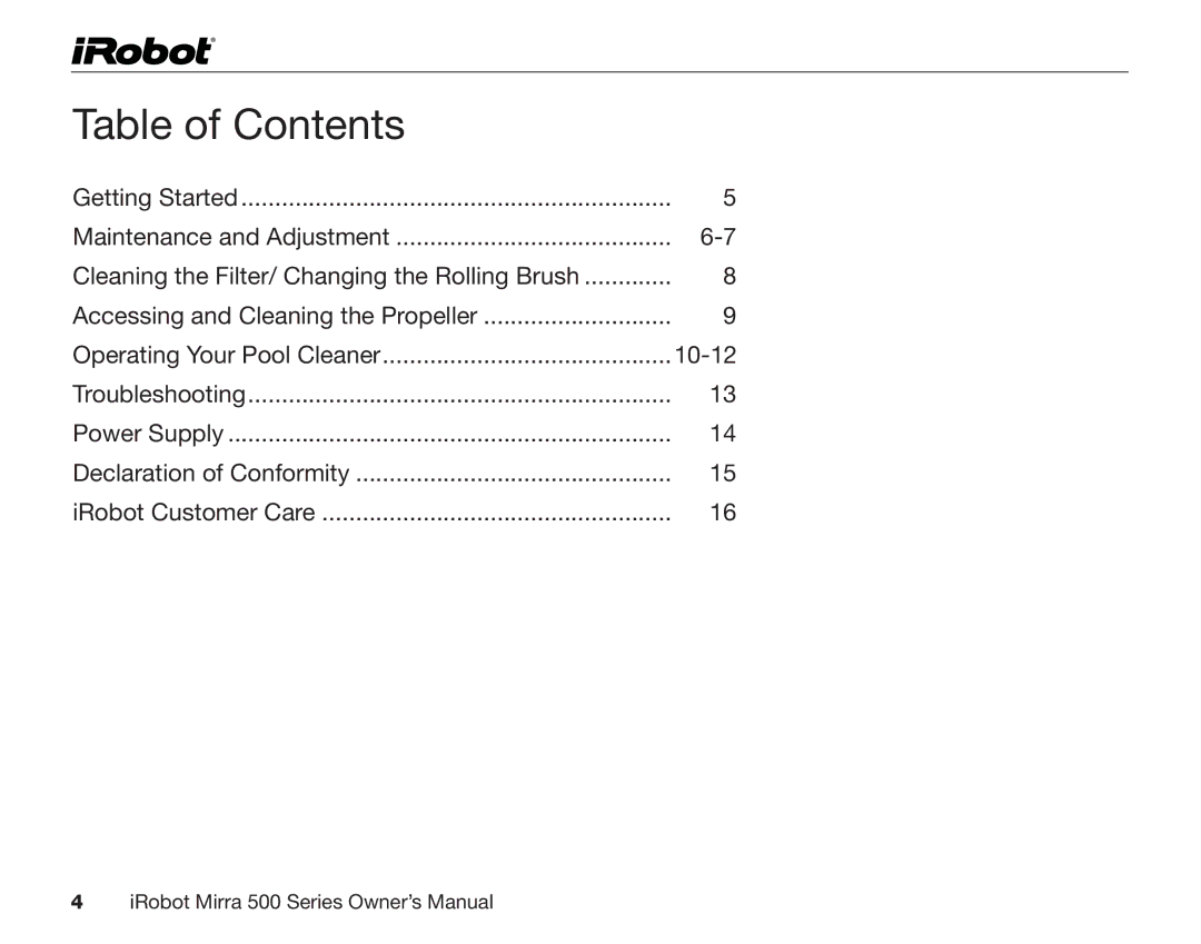 iRobot 530 owner manual Table of Contents 