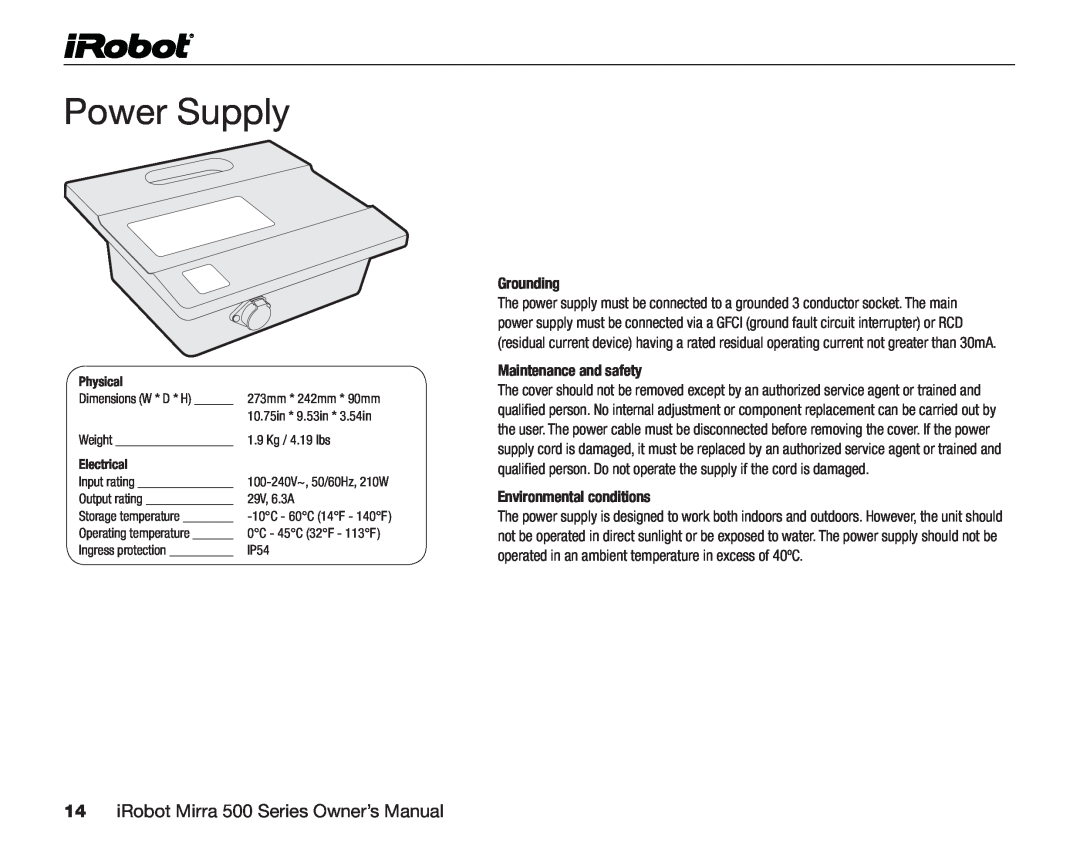 iRobot 530 owner manual Power Supply 