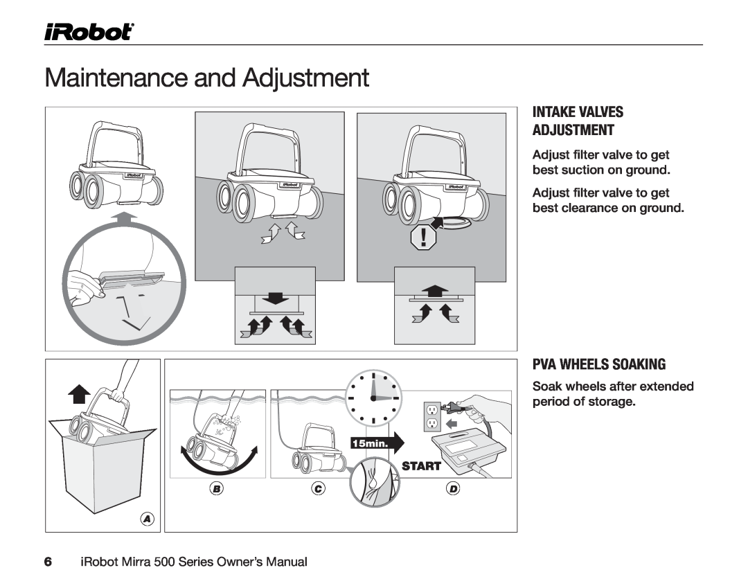 iRobot 530 owner manual Maintenance and Adjustment, Intake valves adjustment, PVA wheels soaking, Start, 15min 