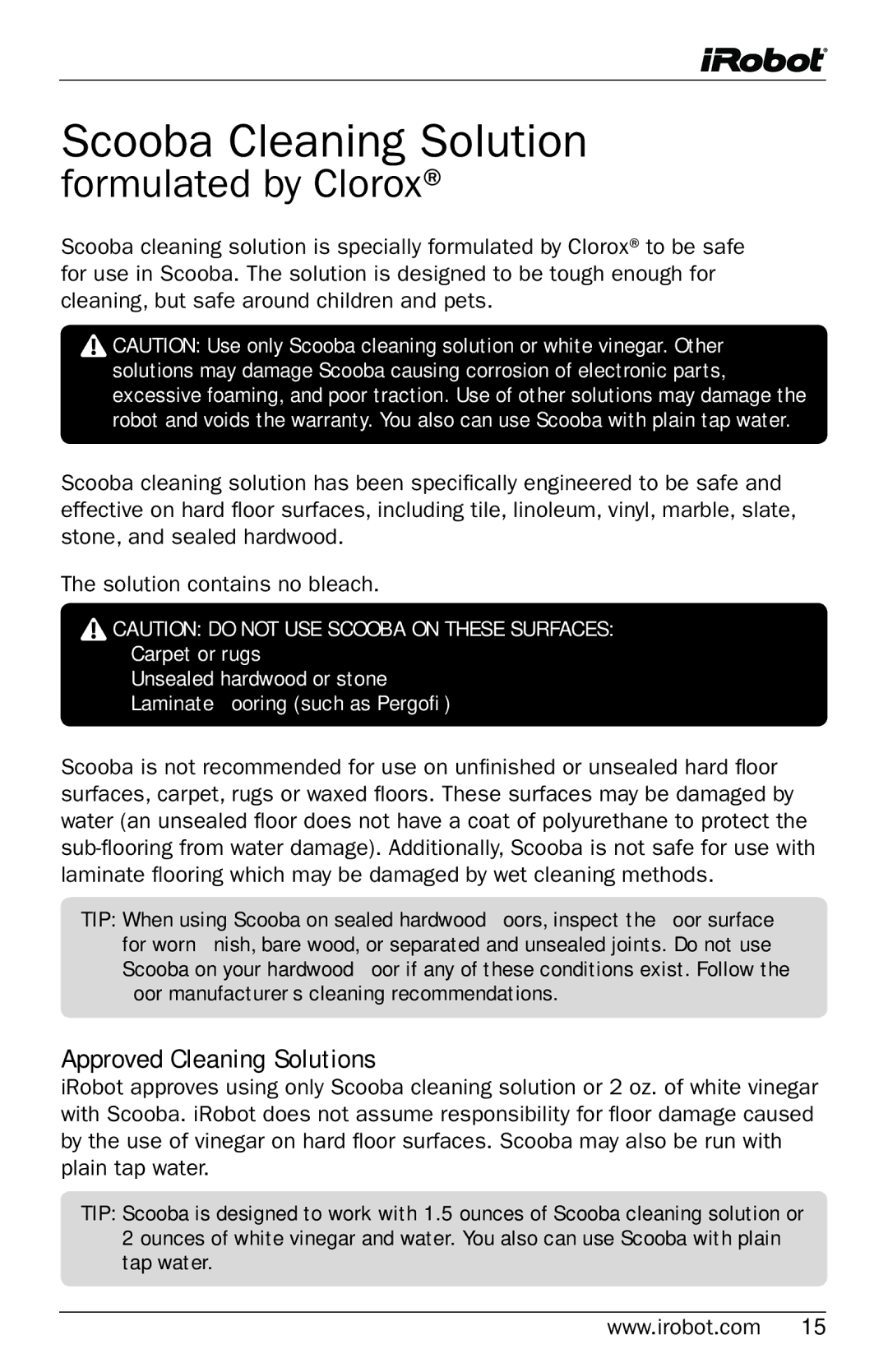 iRobot 5800 owner manual Scooba Cleaning Solution, Approved Cleaning Solutions 